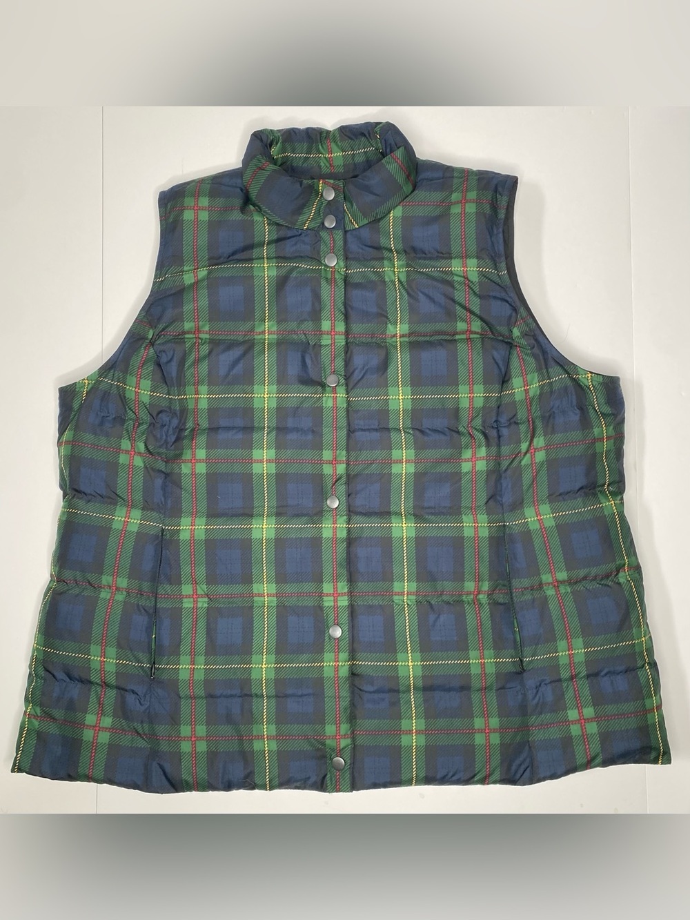 J. Jill Down Vest Women’s Plus Size Green Blue Plaid Button Up Mock Neck 2x
